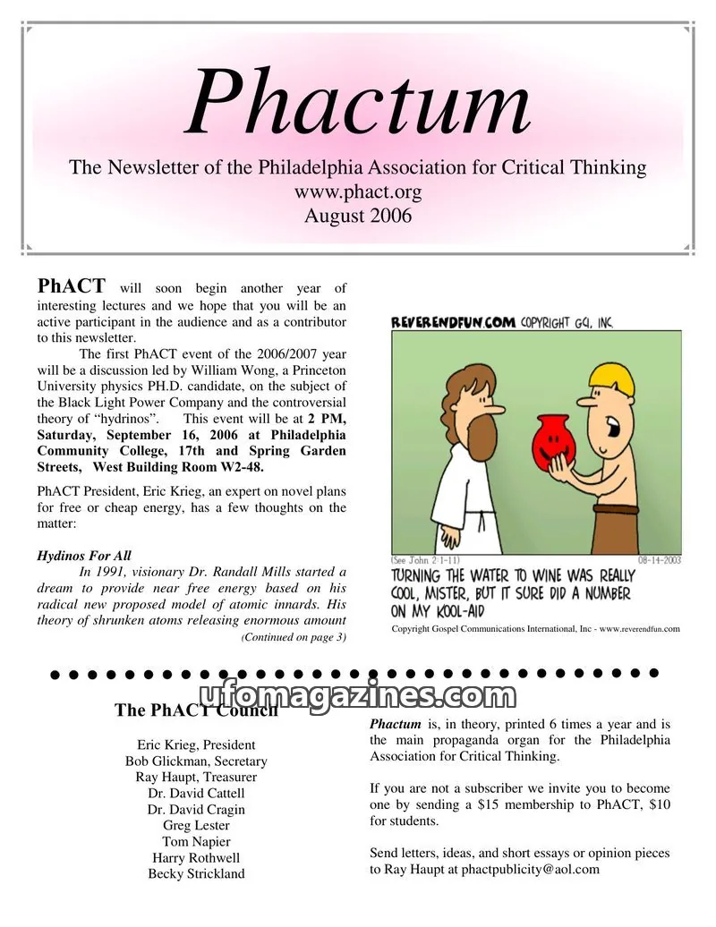 Cover of Philadelphia Association for Critical Thinking issue August 2006: Phactum