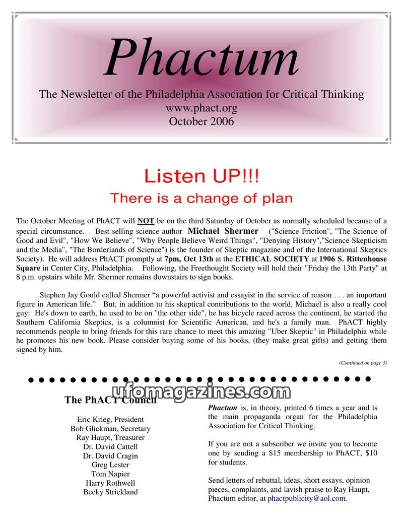 Cover of Philadelphia Association for Critical Thinking issue October 2006: Phactum