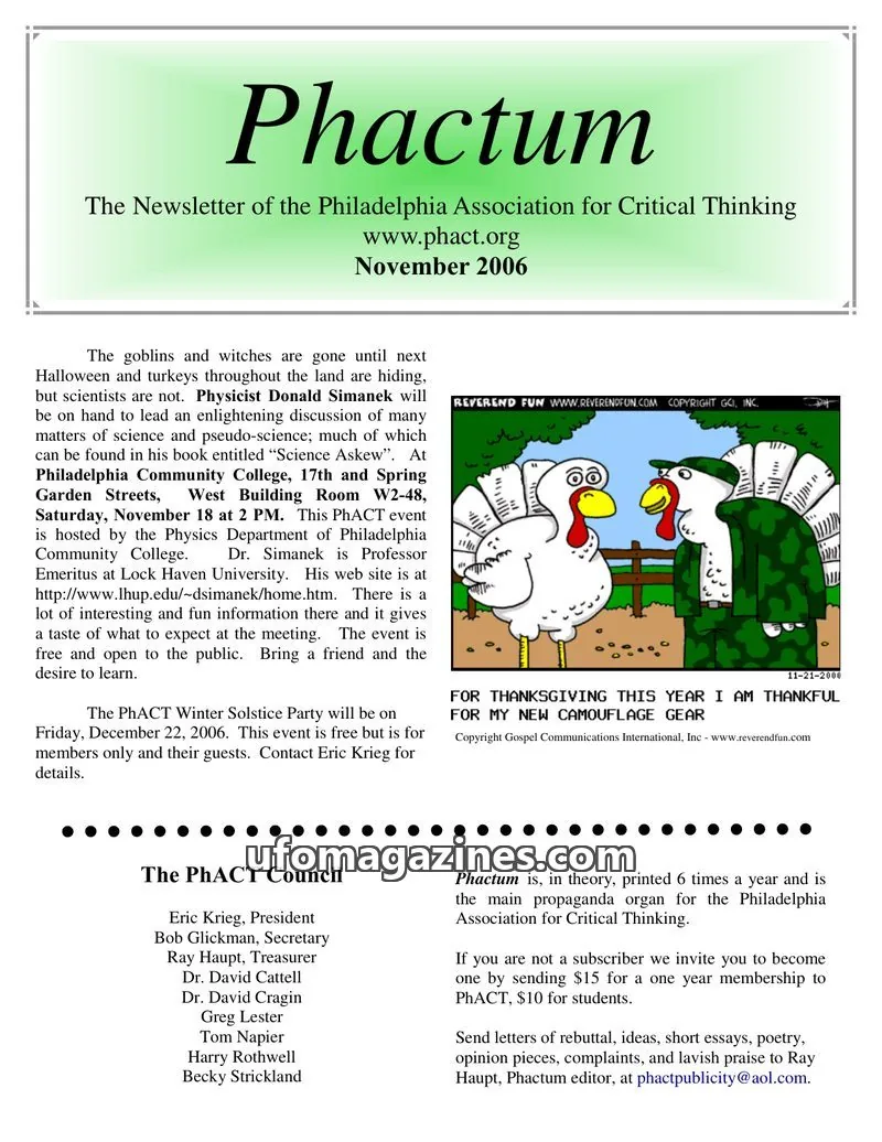 Cover of Philadelphia Association for Critical Thinking issue November 2006: Phactum