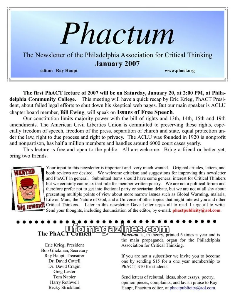 Cover of Philadelphia Association for Critical Thinking issue January 2007: Phactum