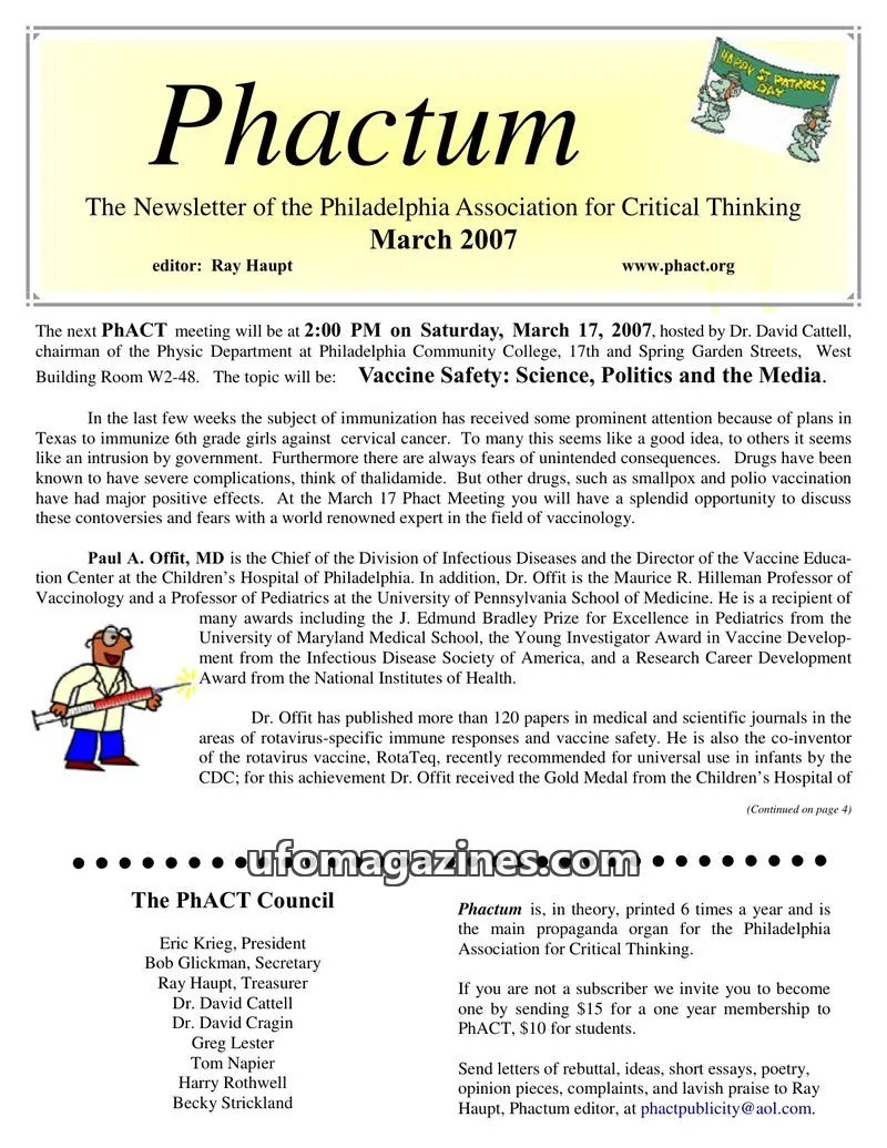 Cover of Philadelphia Association for Critical Thinking issue March 2007: Phactum