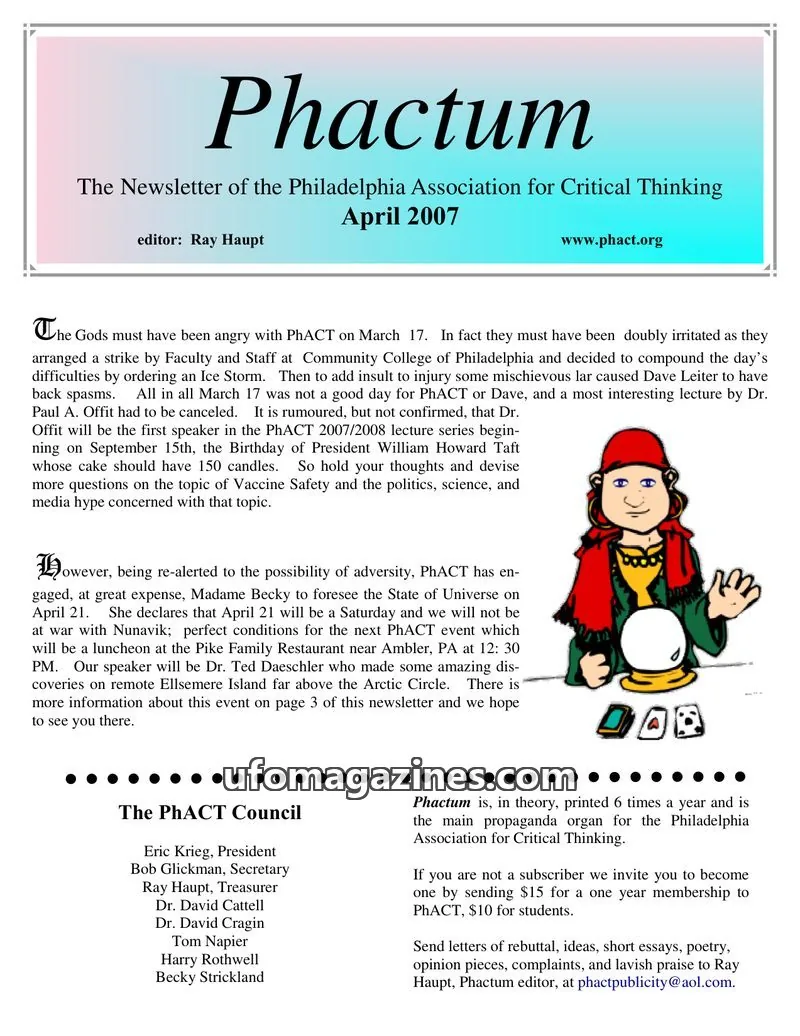Cover of Philadelphia Association for Critical Thinking issue April 2007: Phactum