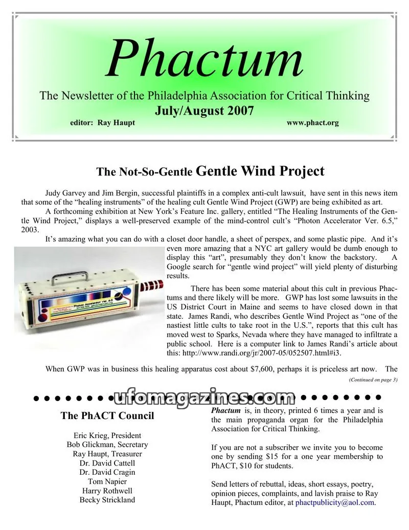 Cover of Philadelphia Association for Critical Thinking issue July/August 2007: Phactum