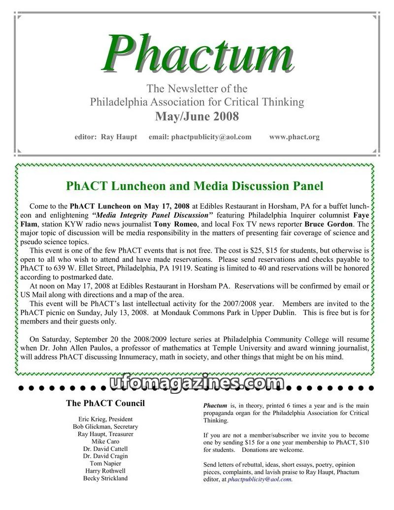 Cover of Philadelphia Association for Critical Thinking issue May/June 2008: Phactum