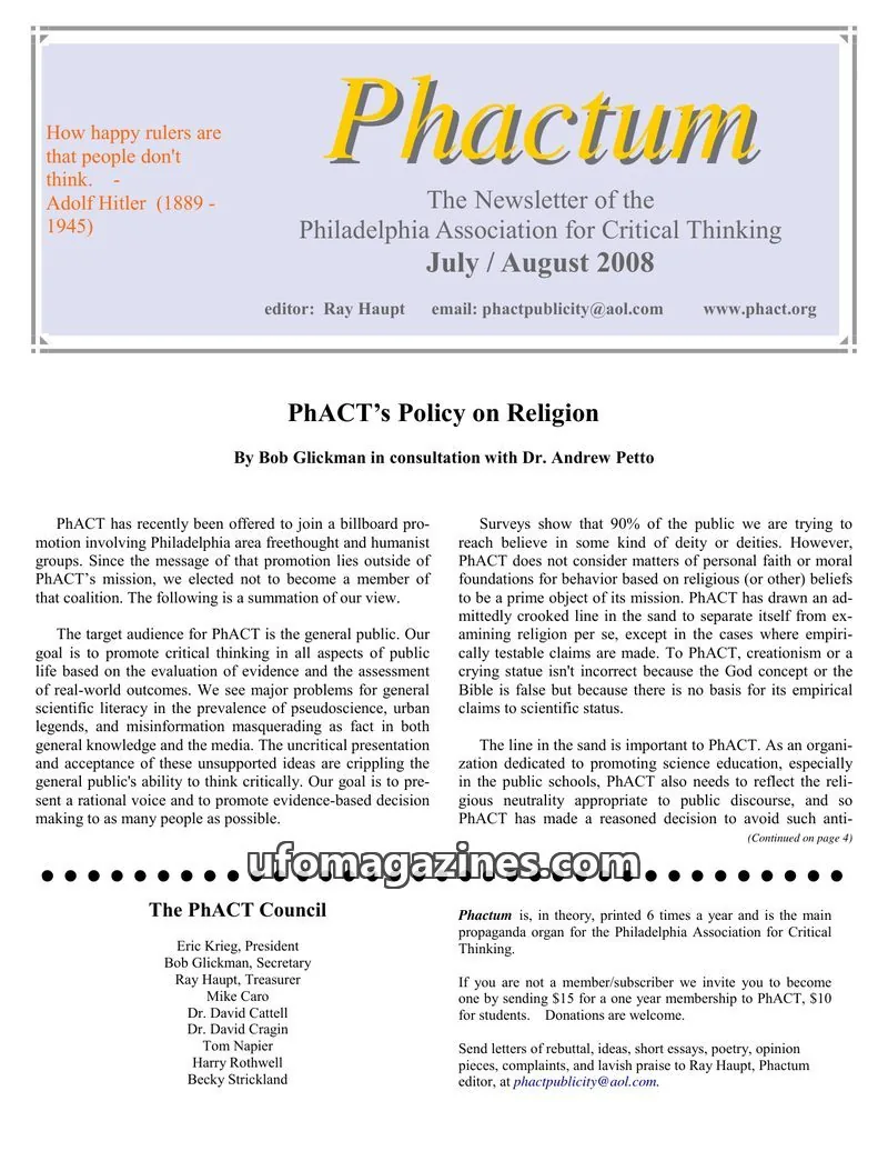 Cover of Philadelphia Association for Critical Thinking issue July / August 2008: Phactum