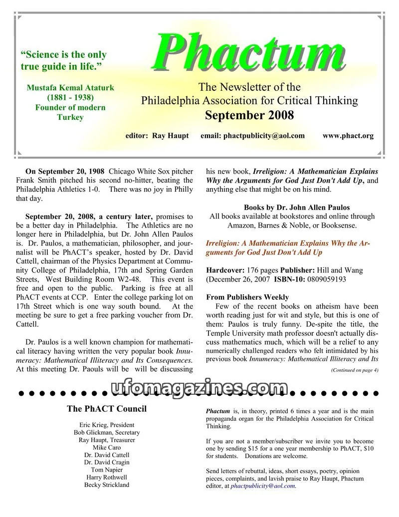Cover of Philadelphia Association for Critical Thinking issue September 2008: Phactum