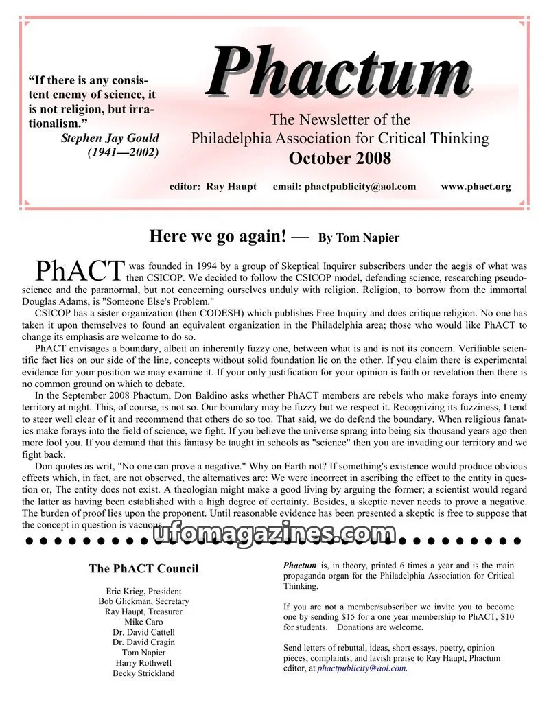 Cover of Philadelphia Association for Critical Thinking issue October 2008: Phactum