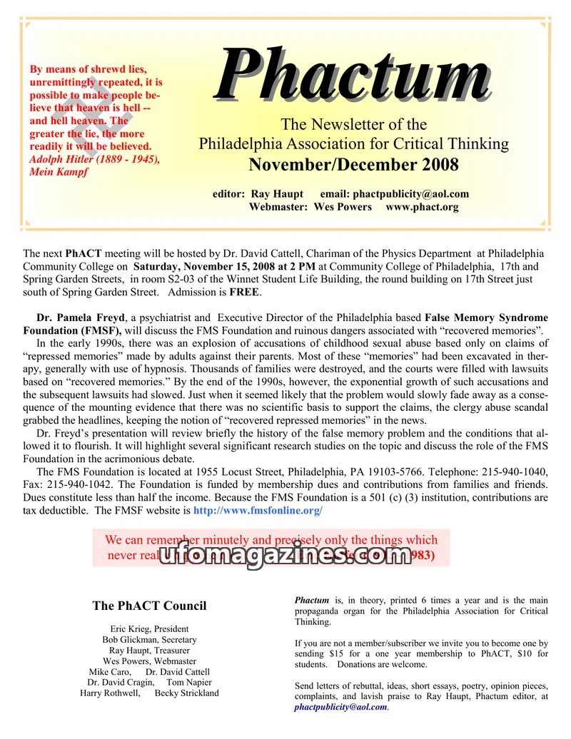 Cover of Philadelphia Association for Critical Thinking issue November/December 2008: Phactum