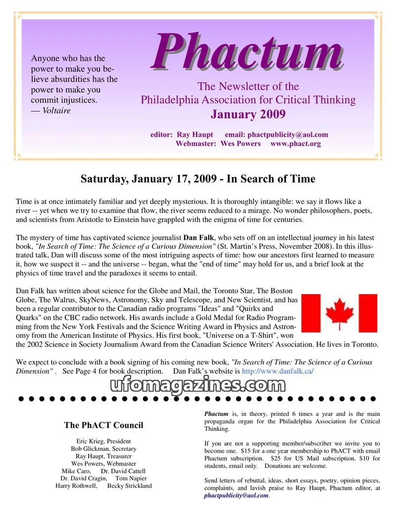 Cover of Philadelphia Association for Critical Thinking issue January 2009: Phactum
