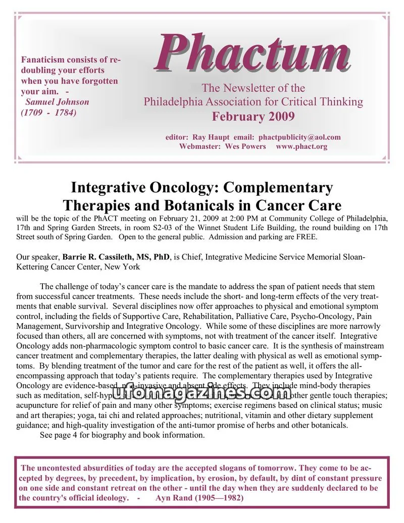 Cover of Philadelphia Association for Critical Thinking issue February 2009: Phactum
