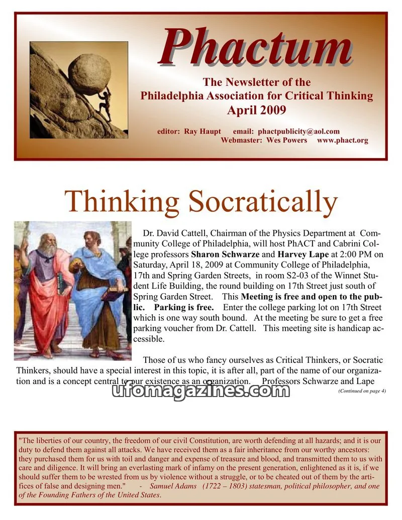 Cover of Philadelphia Association for Critical Thinking issue April 2009: Phactum