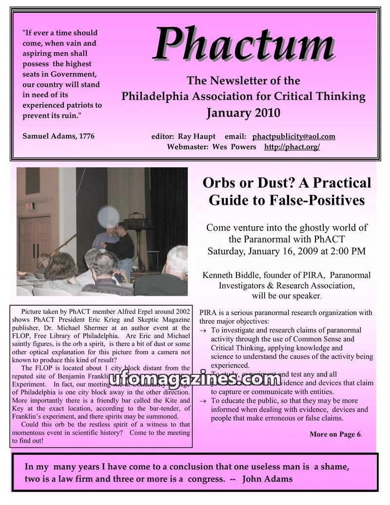 Cover of Philadelphia Association for Critical Thinking issue January 2010: Phactum