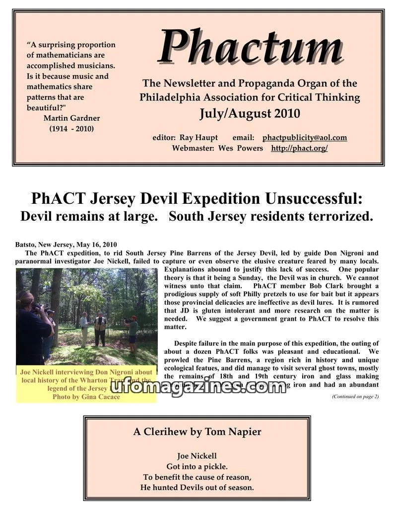 Cover of Philadelphia Association for Critical Thinking issue July/August 2010: Phactum