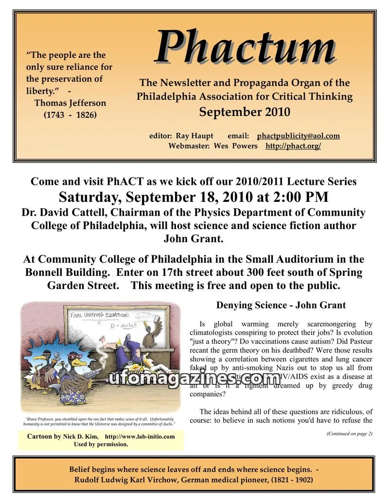 Cover of Philadelphia Association for Critical Thinking issue September 2010: Phactum