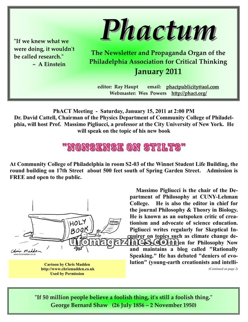 Cover of Philadelphia Association for Critical Thinking issue January 2011: Phactum