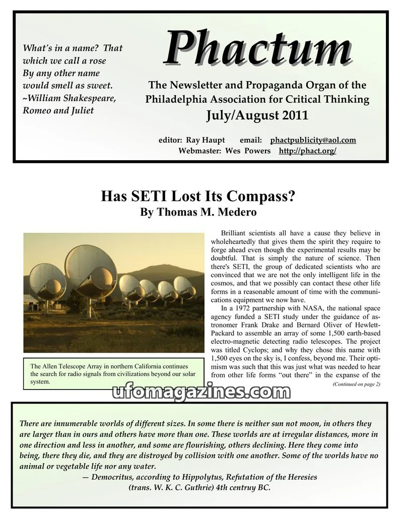 Cover of Philadelphia Association for Critical Thinking issue July/August 2011: Phactum