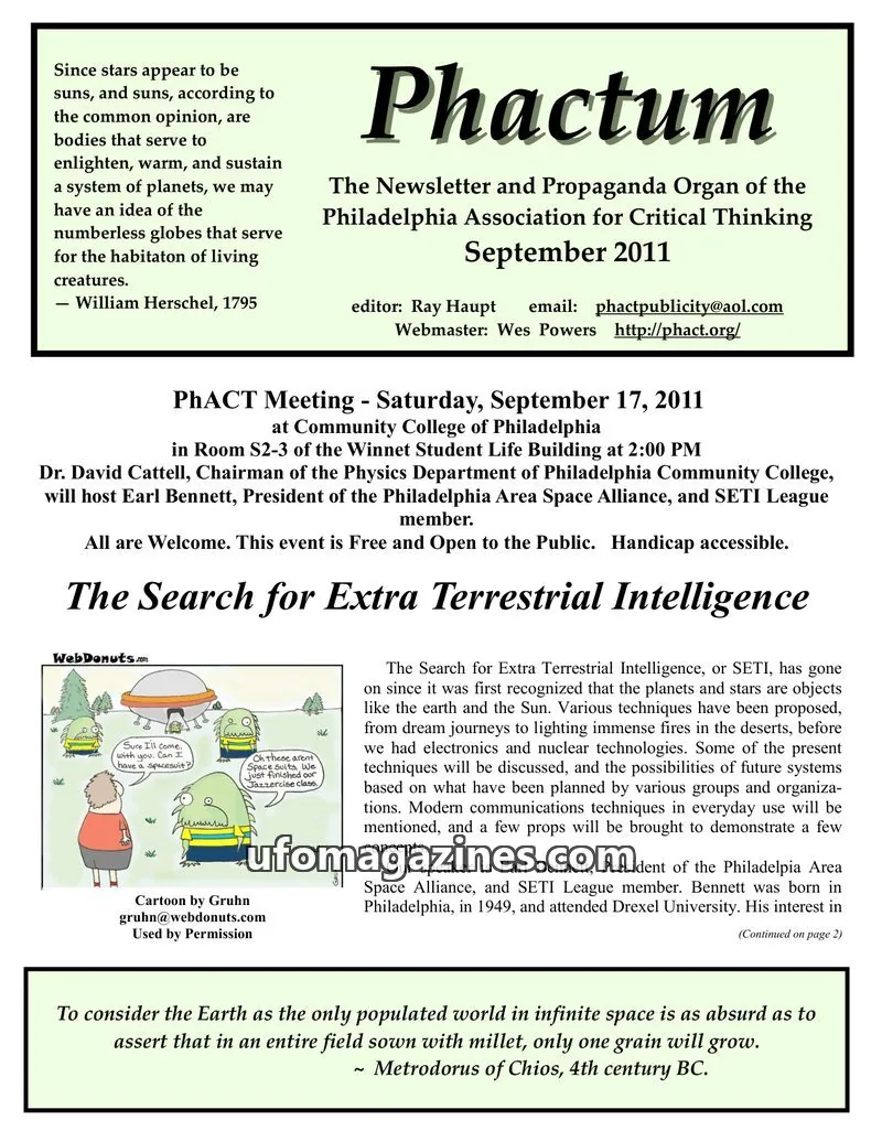 Cover of Philadelphia Association for Critical Thinking issue September 2011: Phactum
