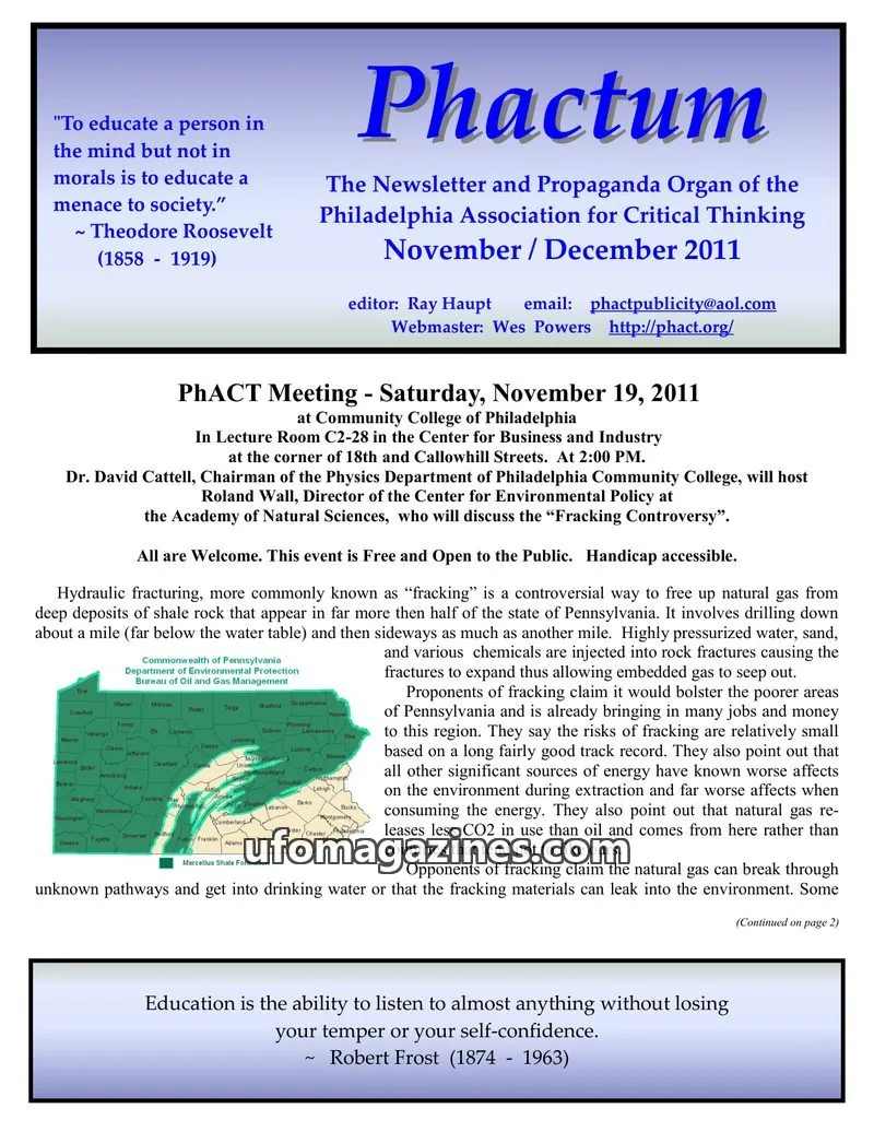 Cover of Philadelphia Association for Critical Thinking issue November / December 2011: Phactum