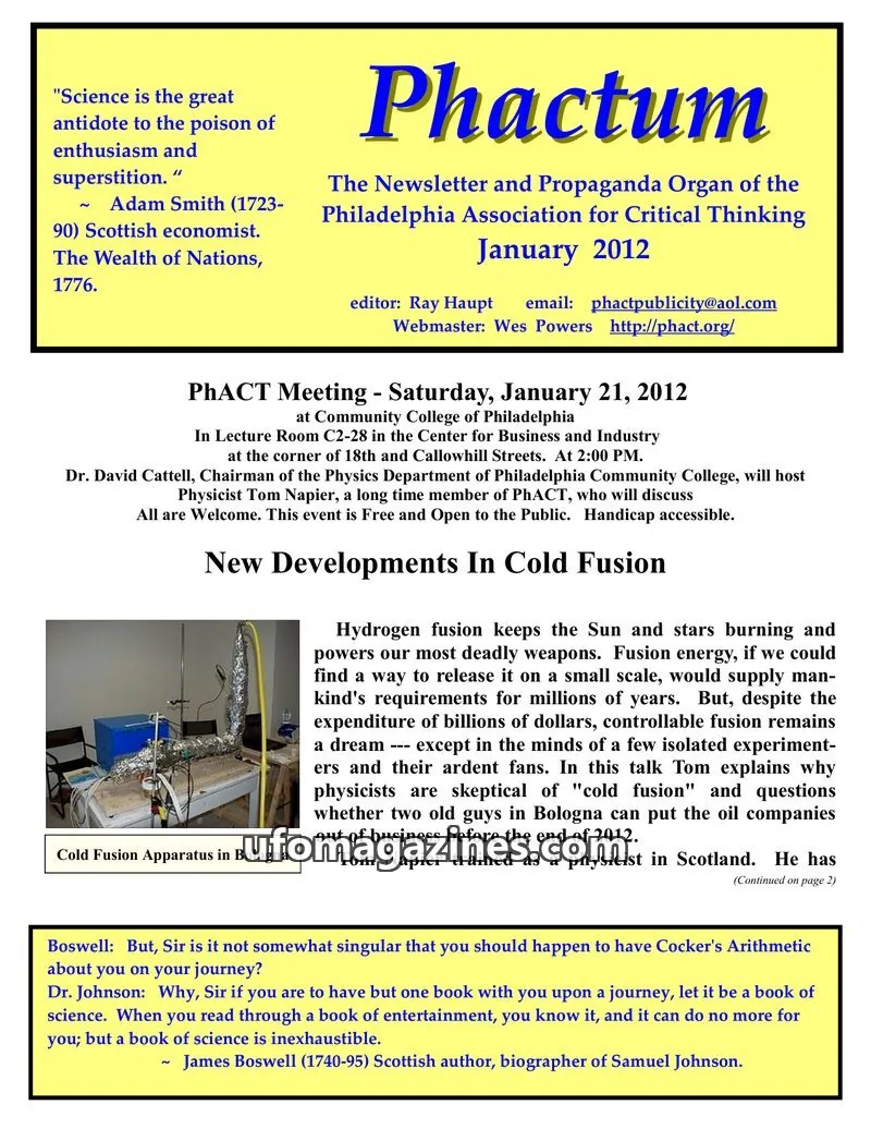 Cover of Philadelphia Association for Critical Thinking issue January 2012: Phactum