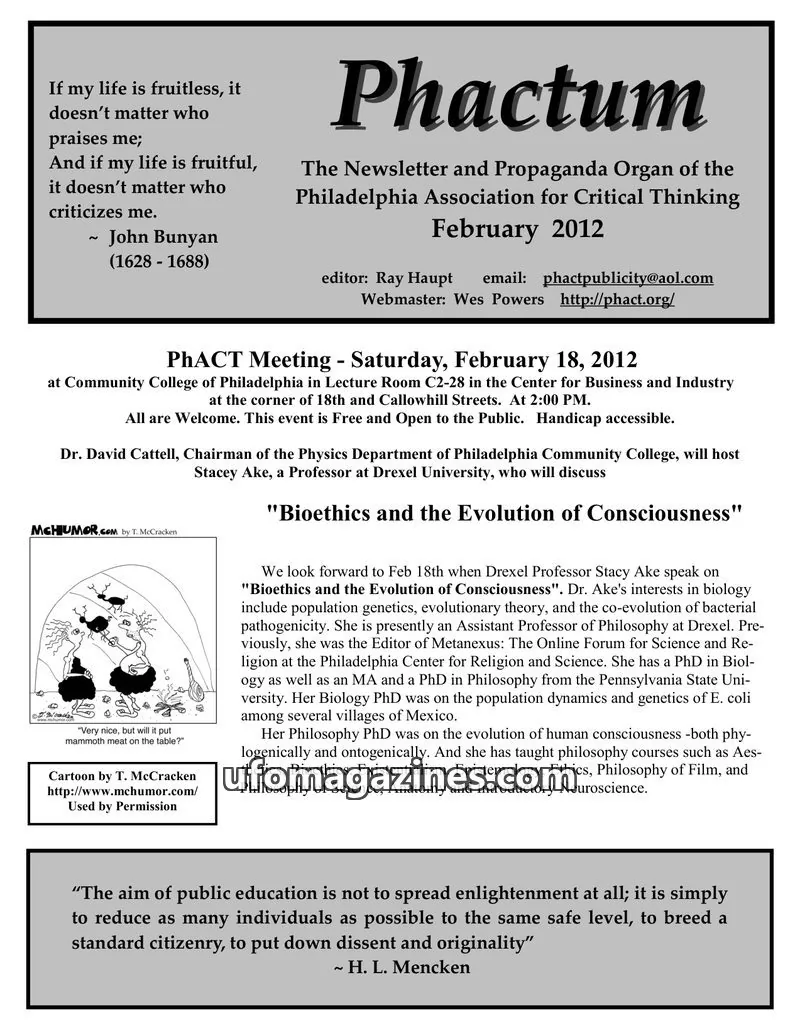 Cover of Philadelphia Association for Critical Thinking issue February 2012: Phactum