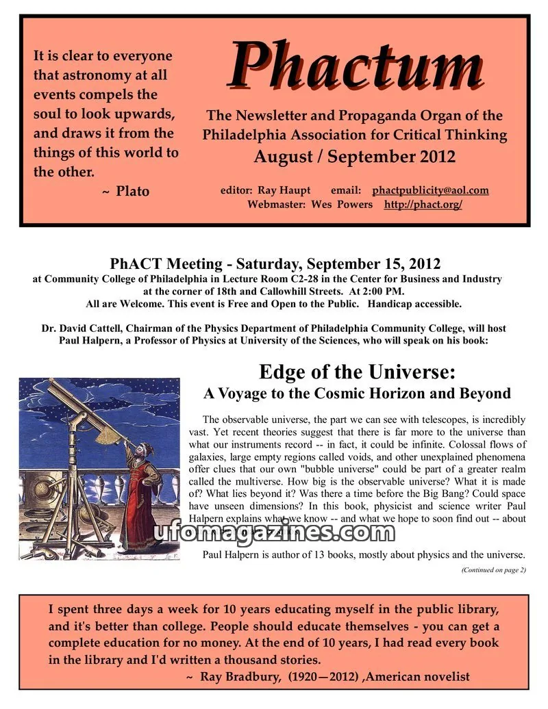 Cover of Philadelphia Association for Critical Thinking issue August / September 2012: Phactum