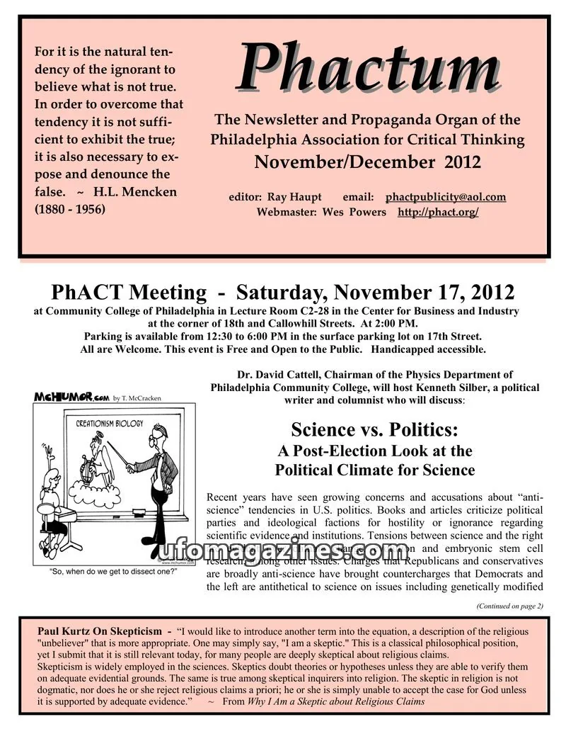 Cover of Philadelphia Association for Critical Thinking issue November/December 2012: Phactum