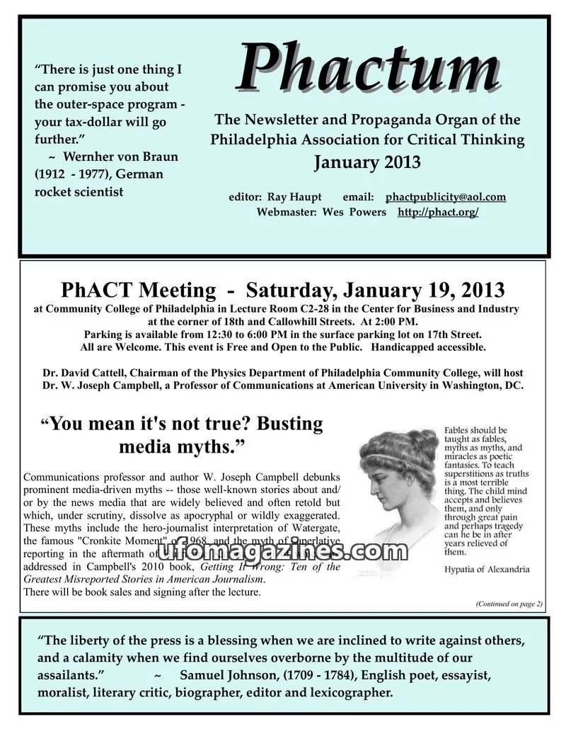 Cover of Philadelphia Association for Critical Thinking issue January 2013: Phactum