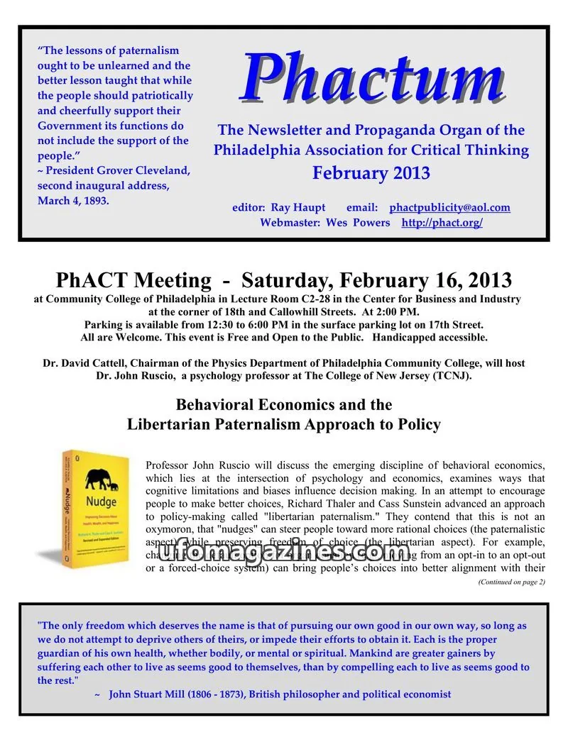 Cover of Philadelphia Association for Critical Thinking issue February 2013: Phactum