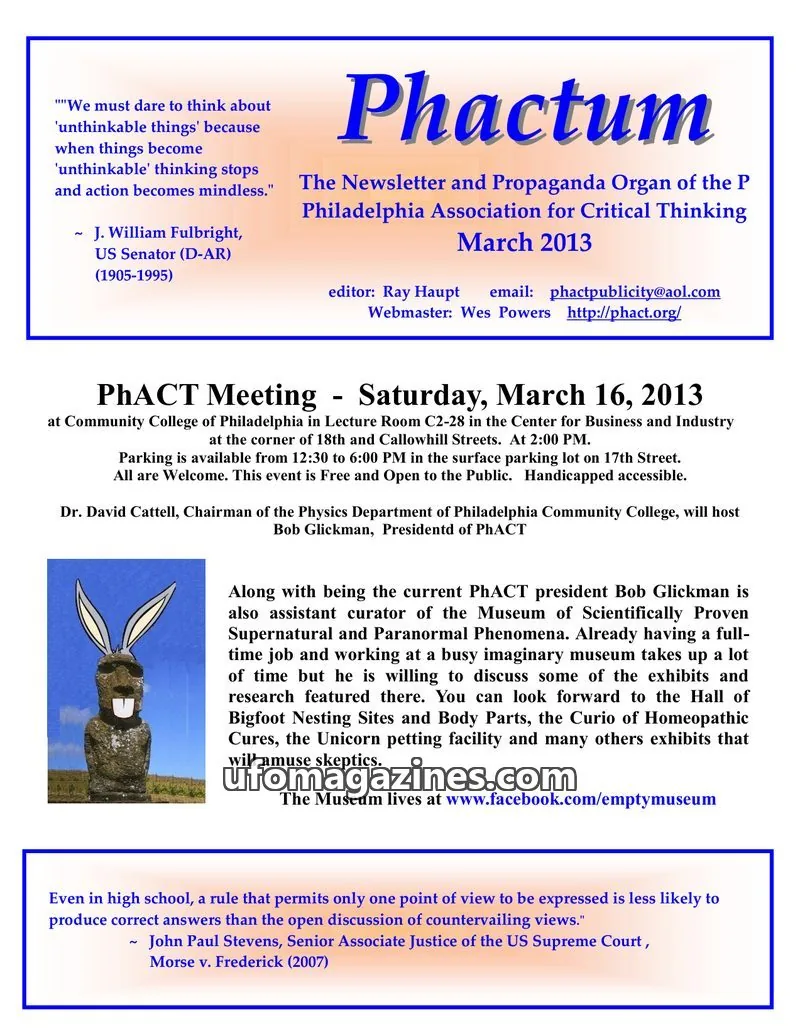 Cover of Philadelphia Association for Critical Thinking issue March 2013: Phactum