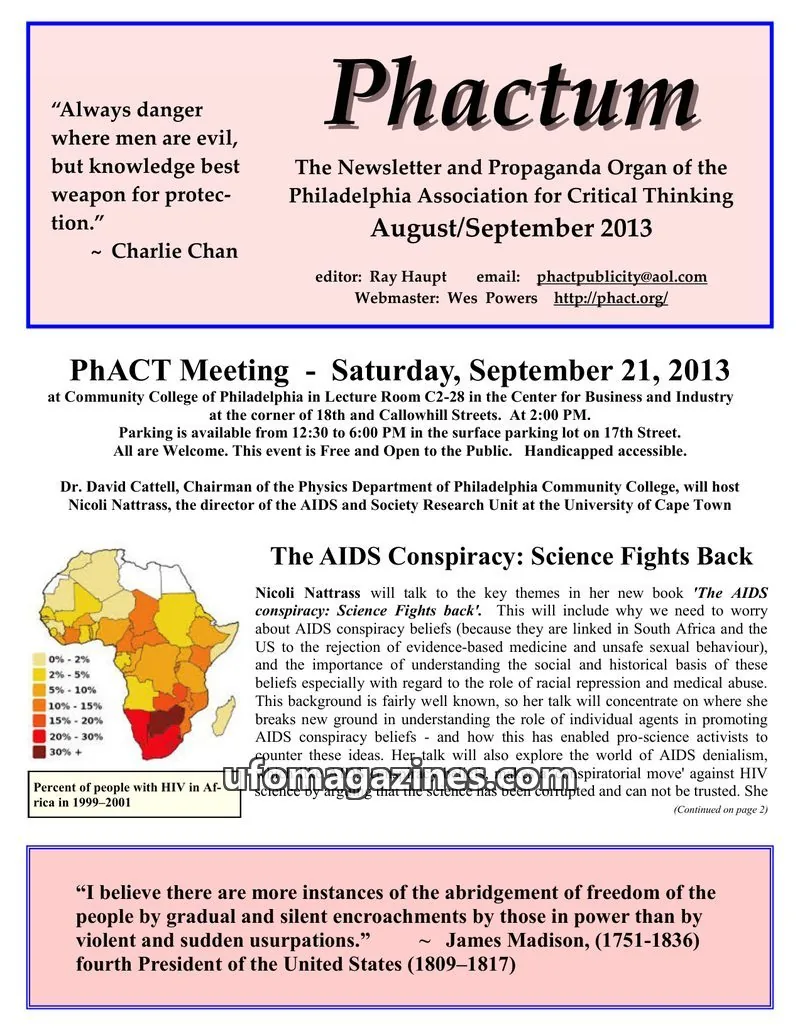 Cover of Philadelphia Association for Critical Thinking issue August/September 2013: Phactum