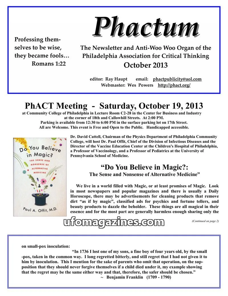 Cover of Philadelphia Association for Critical Thinking issue October 2013: Phactum