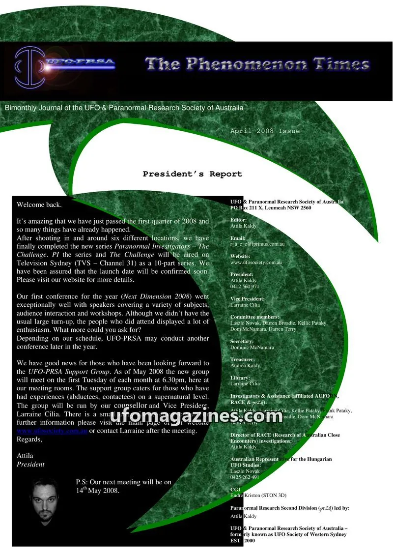 Cover of UFO & Paranormal Research Society of Australia issue April 2008 Issue: The Phenomenon Times