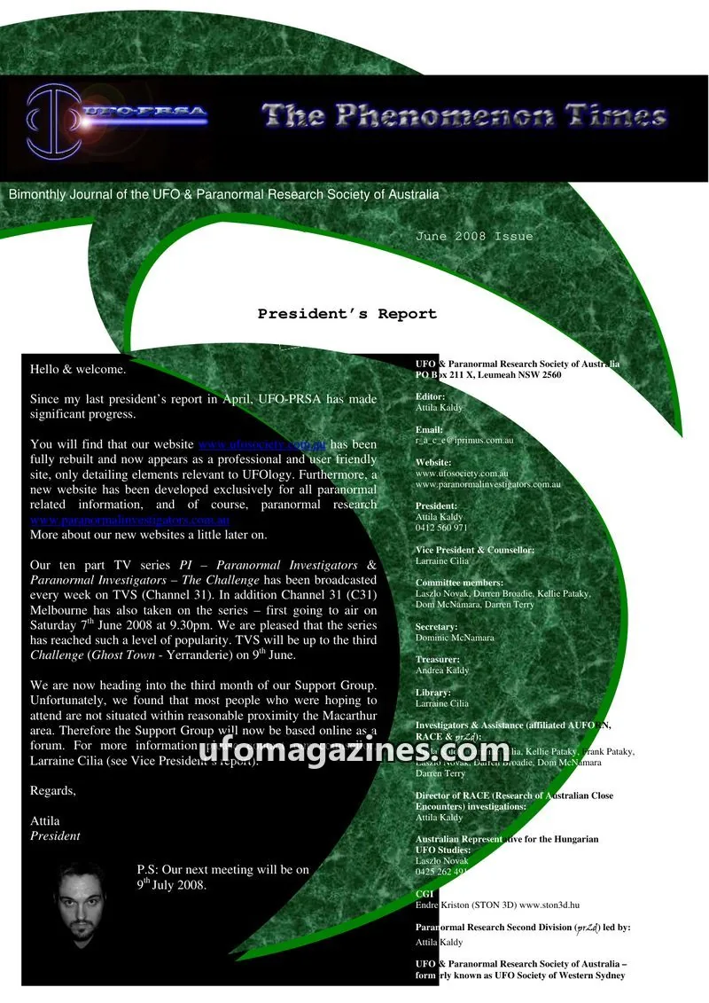 Cover of UFO & Paranormal Research Society of Australia issue June 2008 Issue: The Phenomenon Times