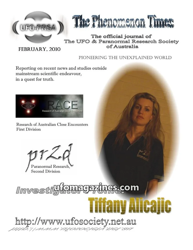 Cover of The UFO & Paranormal Research Society of Australia issue February 2010: The Phenomenon Times