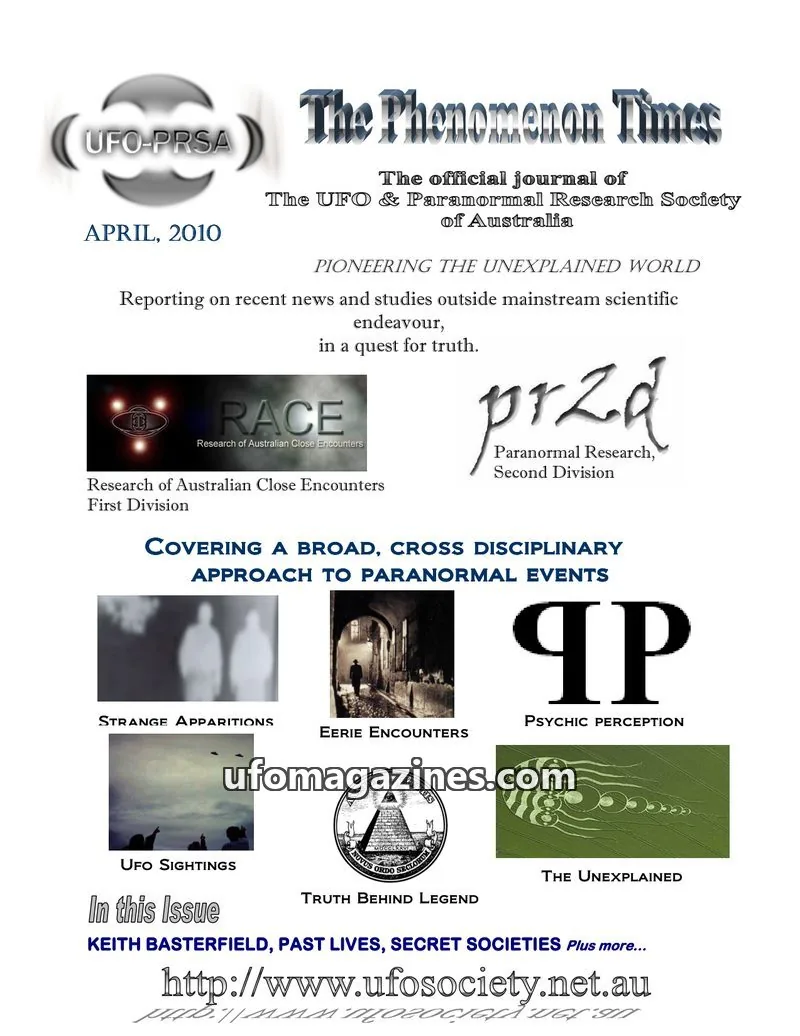 Cover of The UFO & Paranormal Research Society of Australia issue APRIL, 2010: The Phenomenon Times