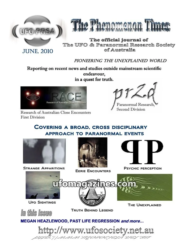 Cover of The UFO & Paranormal Research Society of Australia issue June 2010: The Phenomenon Times