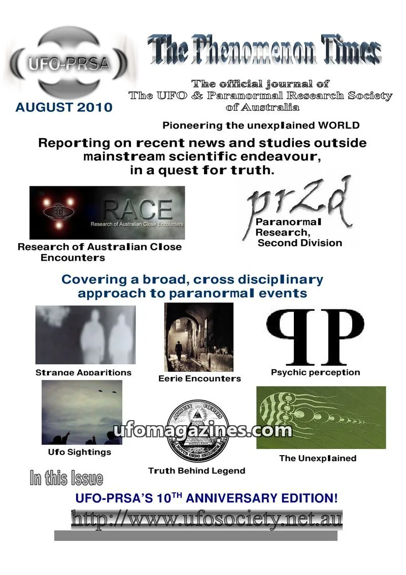 Cover of The UFO & Paranormal Research Society of Australia issue August 2010: The Phenomenon Times