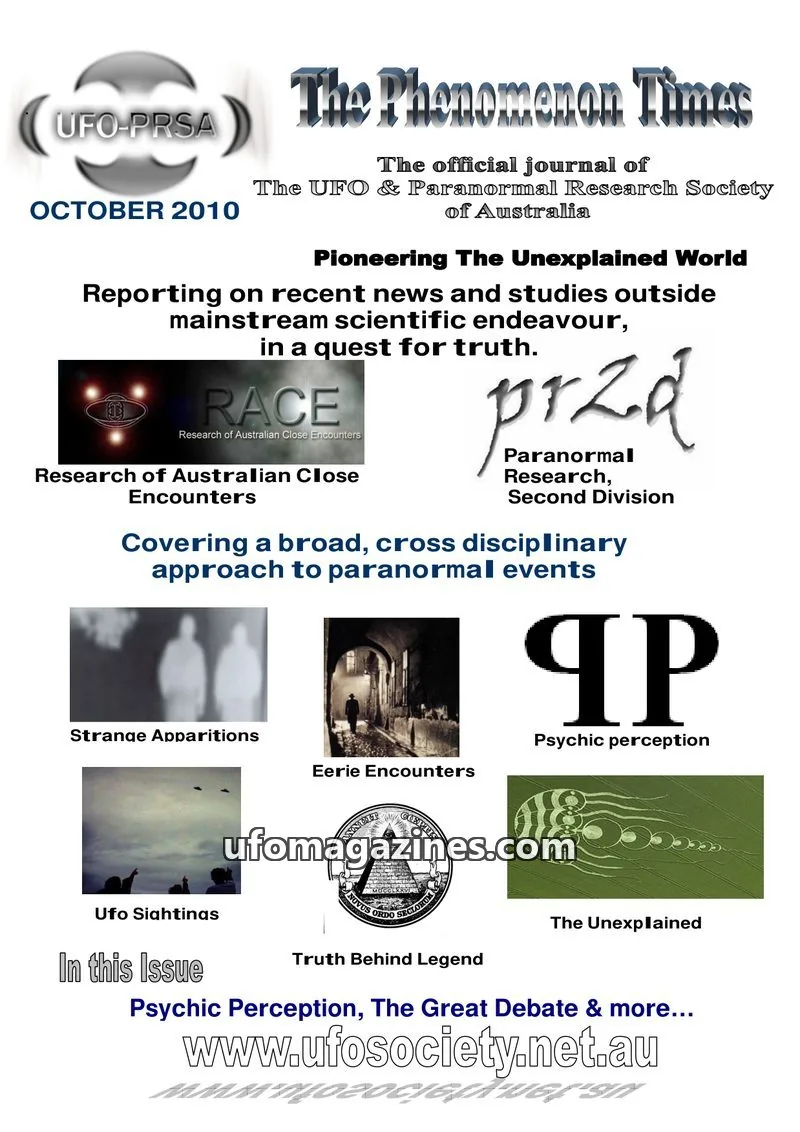 Cover of UFO & Paranormal Research Society of Australia issue October 2010: The Phenomenon Times