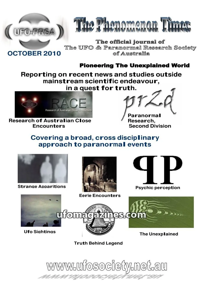 Cover of The UFO & Paranormal Research Society of Australia issue October 2010: The Phenomenon Times