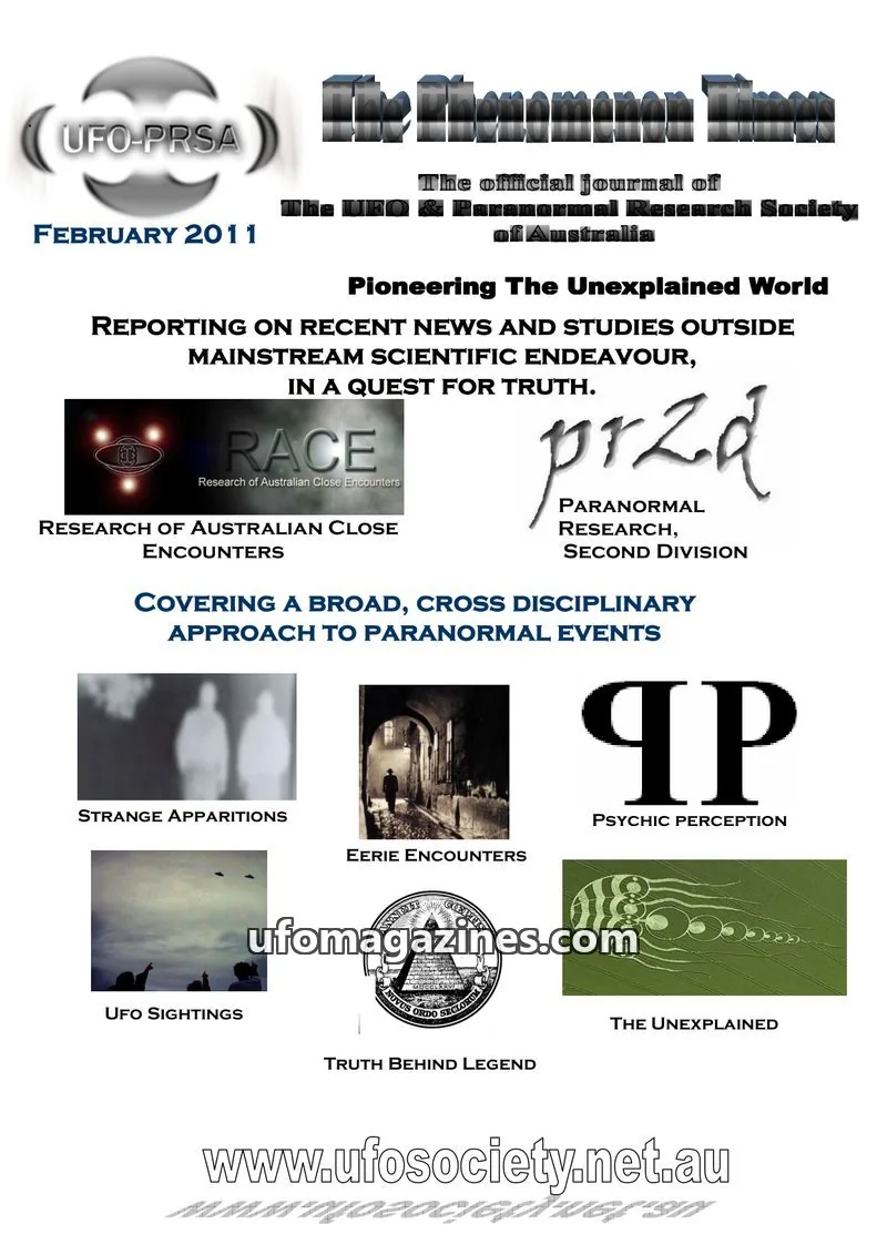Cover of UFO & Paranormal Research Society of Australia issue February 2011: The Phenomenon Times