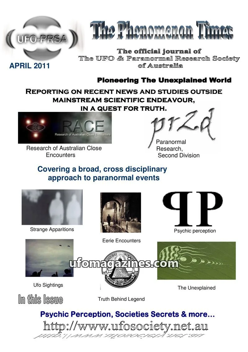 Cover of The UFO & Paranormal Research Society of Australia issue APRIL 2011: The Phenomenon Times
