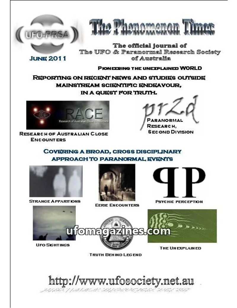 Cover of The UFO & Paranormal Research Society of Australia issue June 2011: The Phenomenon Times