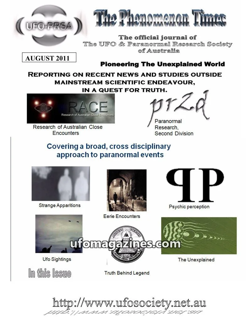 Cover of The UFO & Paranormal Research Society of Australia issue August 2011: The Phenomenon Times