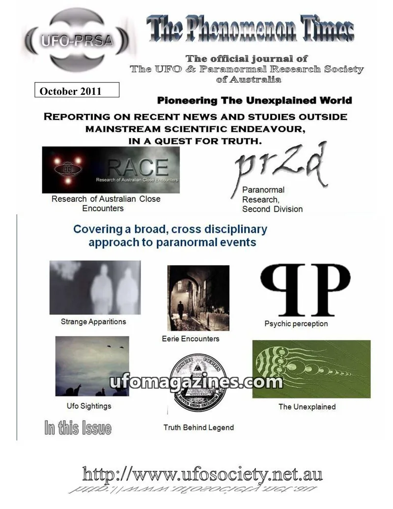 Cover of The UFO & Paranormal Research Society of Australia issue October 2011: The Phenomenon Times