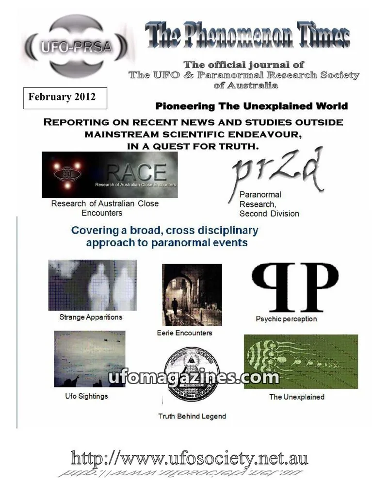 Cover of The UFO & Paranormal Research Society of Australia issue February 2012: The Phenomenon Times