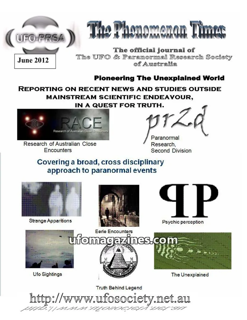 Cover of UFO & Paranormal Research Society of Australia issue June 2012: The Phenomenon Times