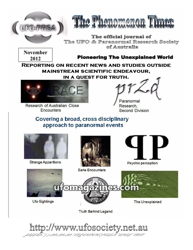 Cover of The UFO & Paranormal Research Society of Australia issue November 2012: The Phenomenon Times