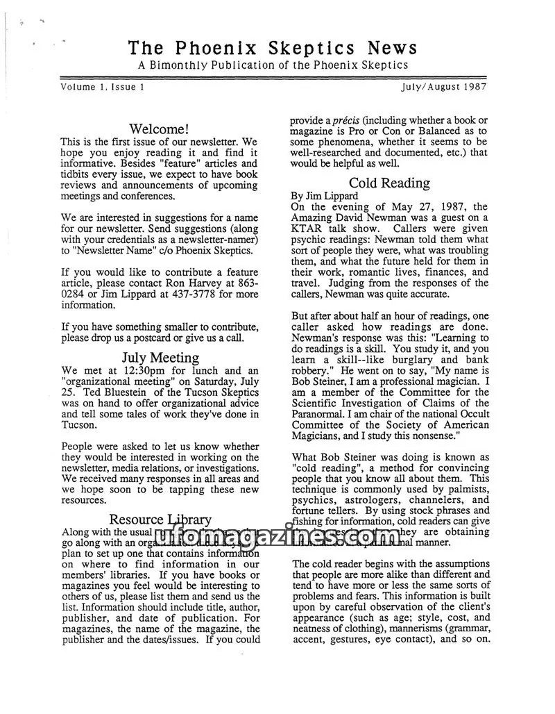 Cover of Phoenix Skeptics News issue 1: The Phoenix Skeptics News