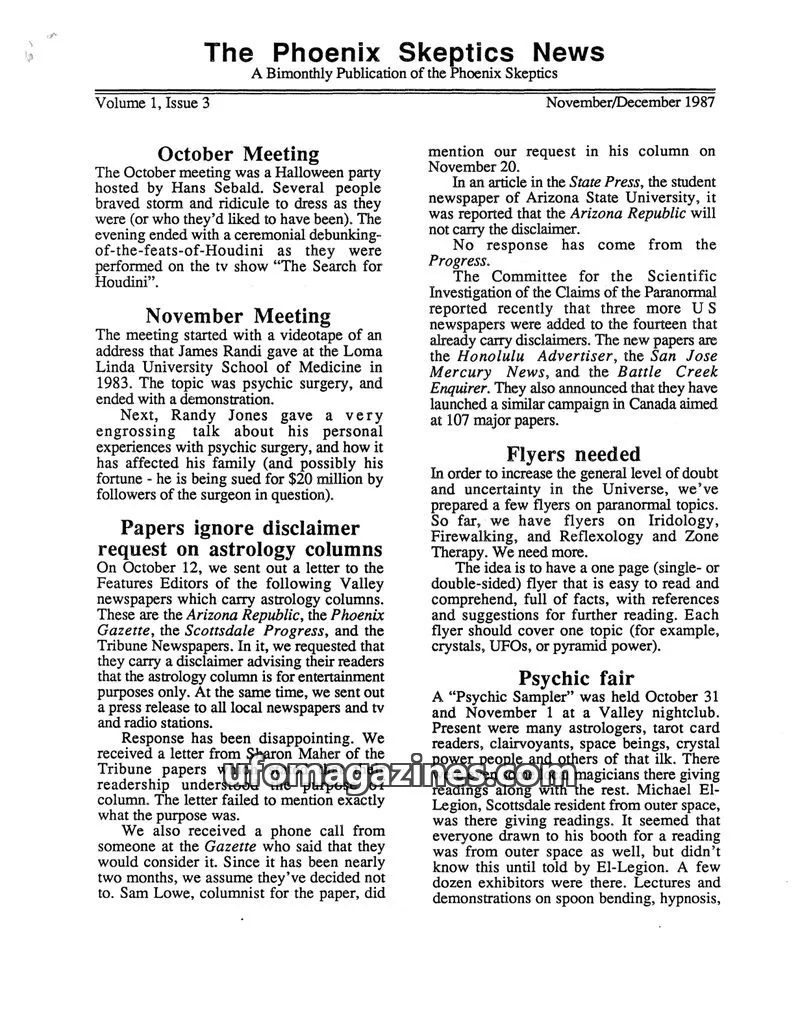 Cover of Phoenix Skeptics News issue 3: The Phoenix Skeptics News