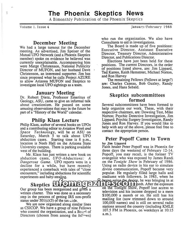 Cover of Phoenix Skeptics News issue 4: The Phoenix Skeptics News